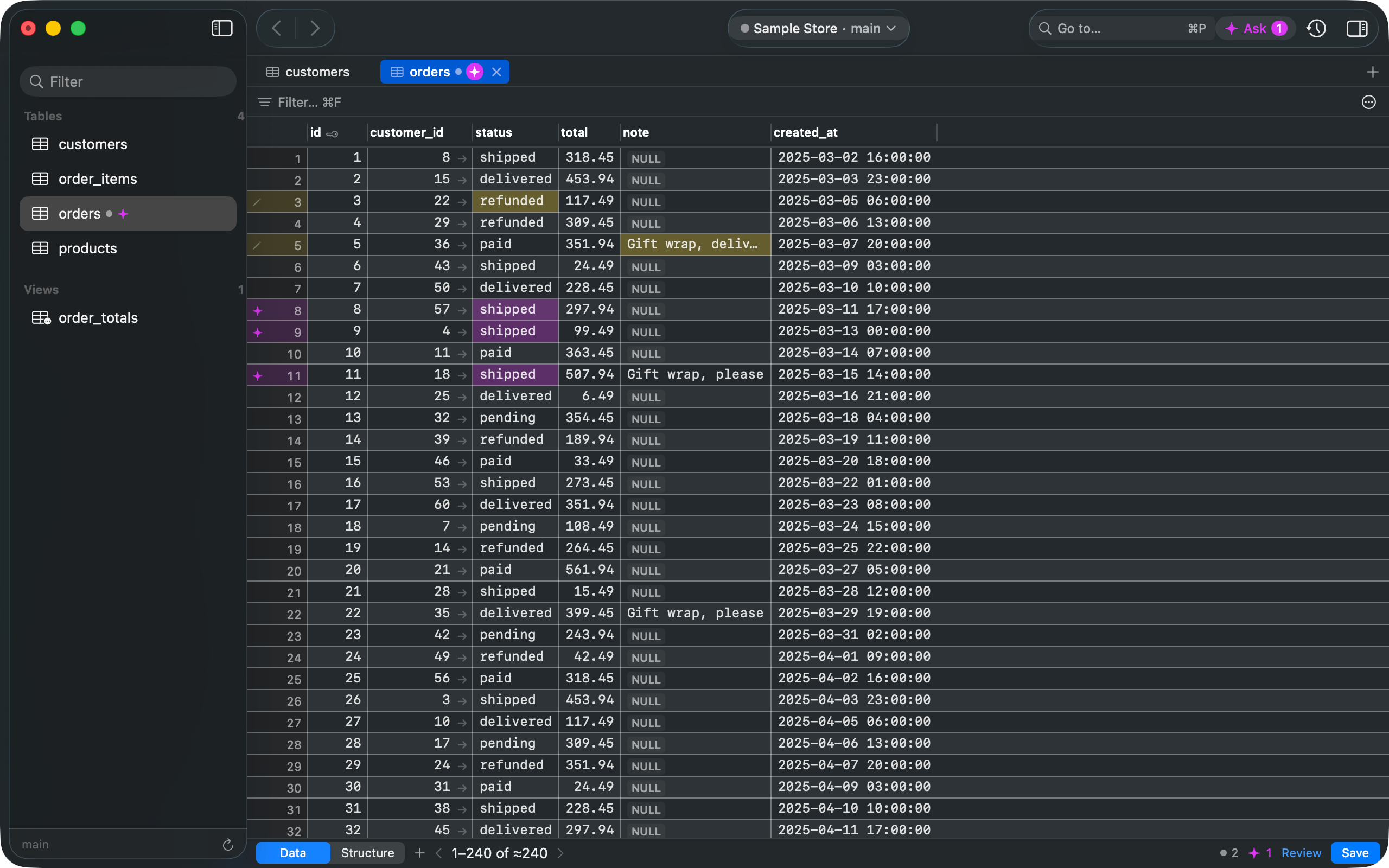 Gadwal in dark mode showing the orders table of the Sample Store. Two cells you edited are highlighted, and three rows are marked as changes proposed by an AI app.