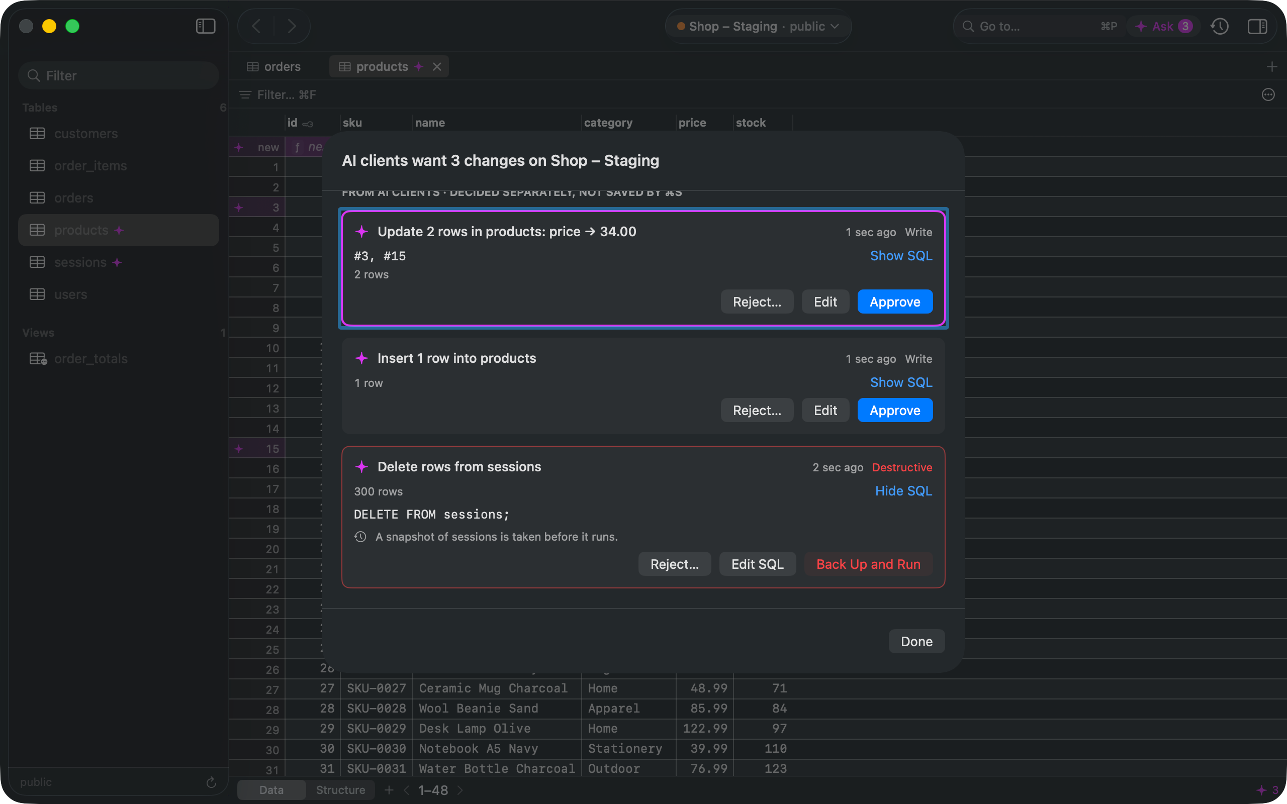 Review panel: AI clients want 3 changes on Shop – Staging. An update of 2 product prices and an insert can be approved; a DELETE from sessions is flagged Destructive and offers Back Up and Run.