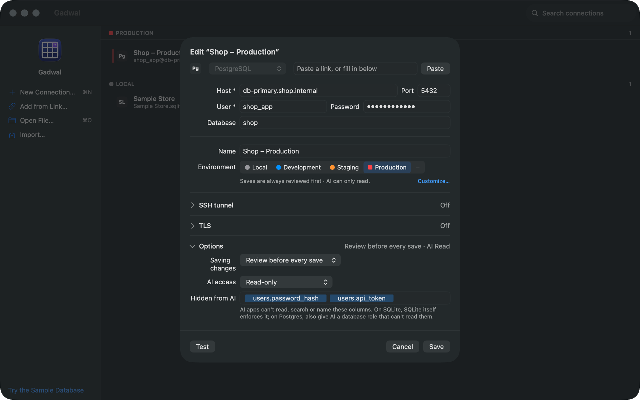 Editing the Shop – Production connection: environment Production, AI access set to Read-only, and the columns users.password_hash and users.api_token hidden from AI.