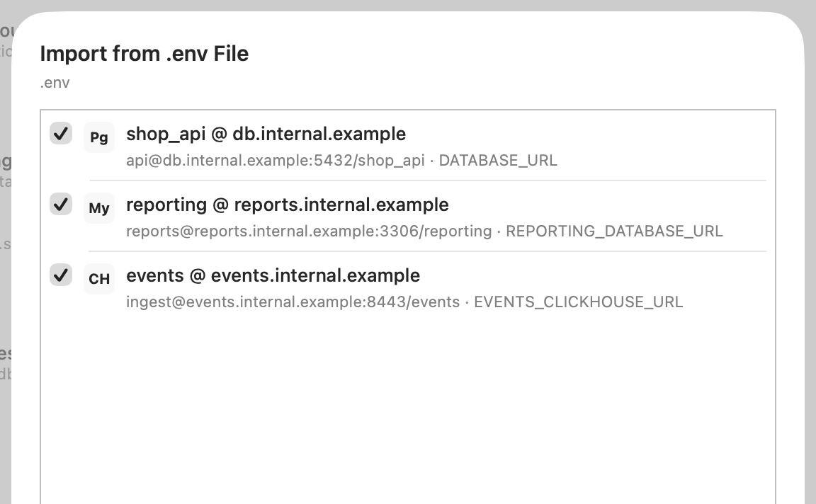 Import from .env File: three database URLs found, for Postgres, MySQL and ClickHouse, each ticked for import.