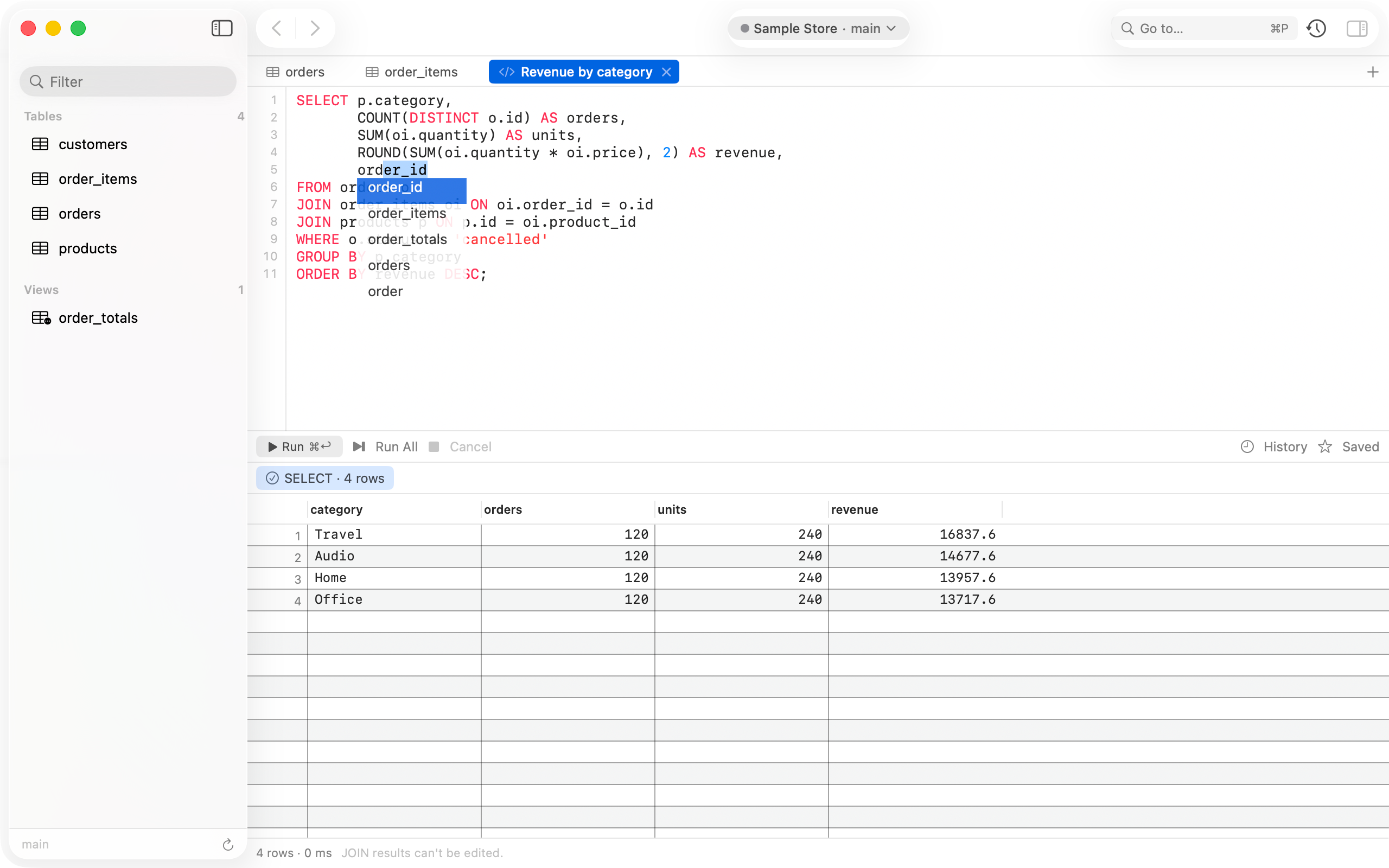 The SQL editor with autocomplete suggesting column and table names while writing a revenue by category query, with results below.