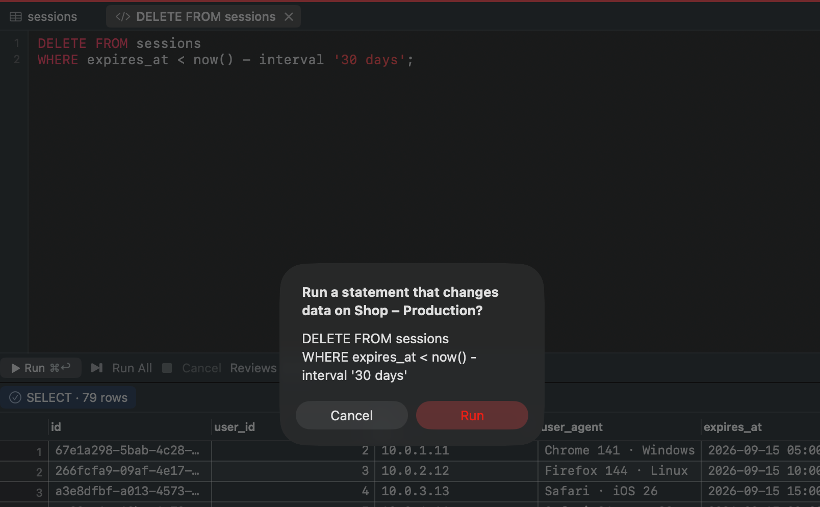 A DELETE typed in the SQL editor on Shop – Production, and Gadwal asking “Run a statement that changes data on Shop – Production?” with Cancel and Run.