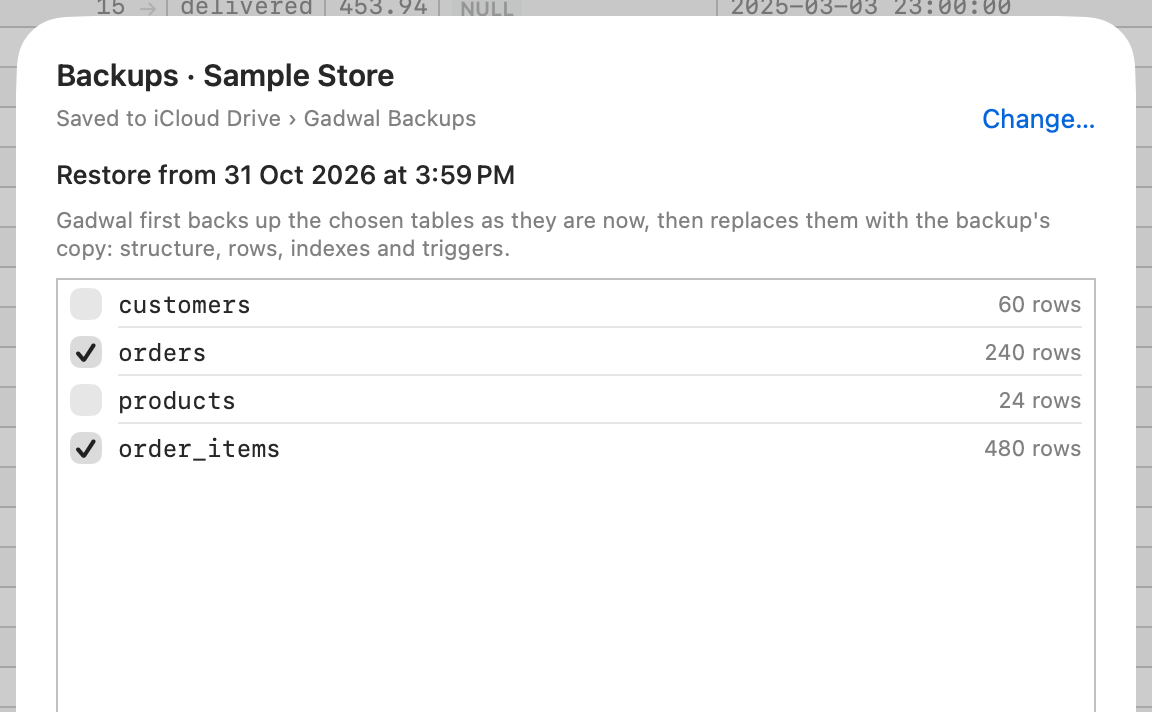 Restore from a backup saved to iCloud Drive: Gadwal first backs up the chosen tables; orders and order_items are ticked, with their row counts.