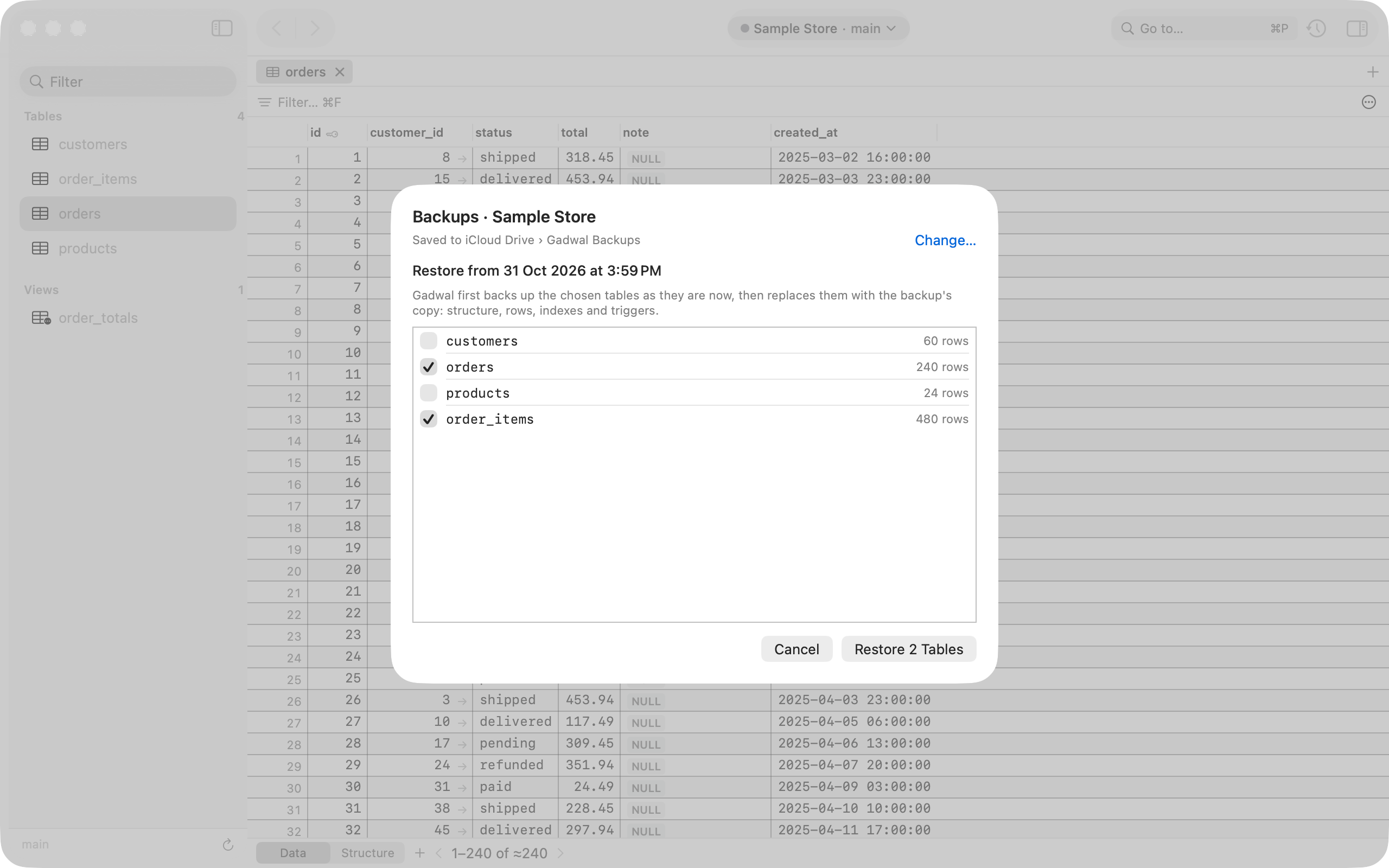 Restoring a backup of the Sample Store from iCloud Drive: two of four tables are ticked, with their row counts, and a Restore 2 Tables button.
