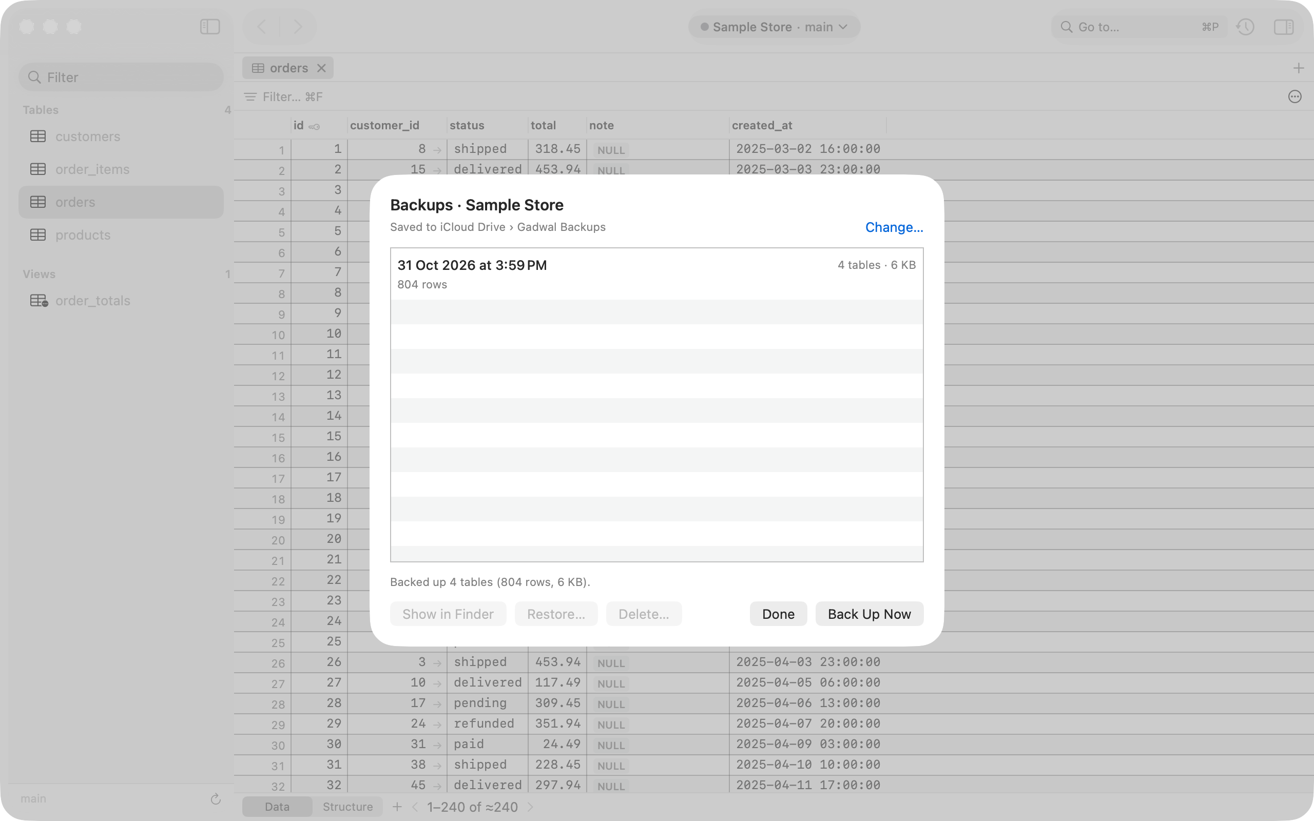 The Backups sheet for the Sample Store, saved to iCloud Drive, listing one backup of 4 tables and 804 rows, with Back Up Now.