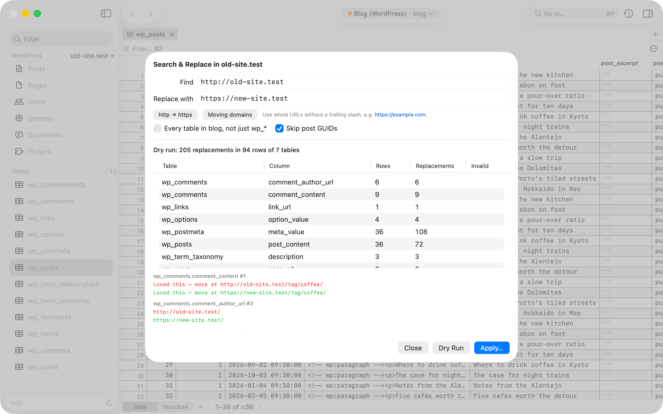 WordPress search and replace from http://old-site.test to https://new-site.test: the dry run lists 205 replacements in 94 rows across 7 tables, with a before and after preview.