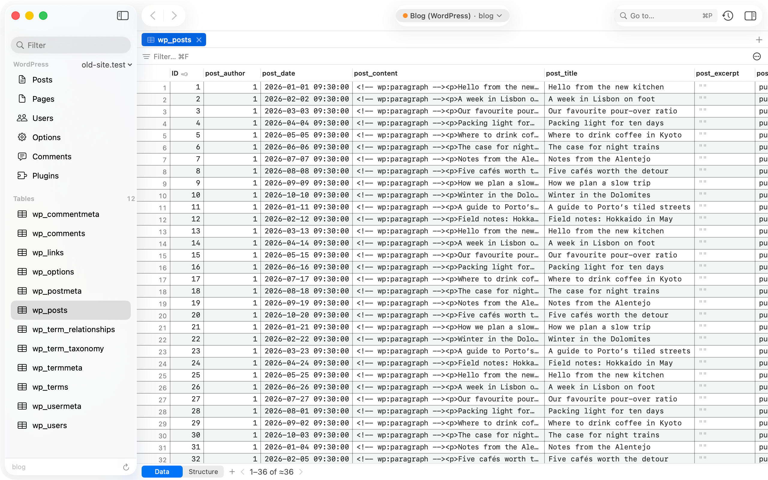 WordPress mode: a sidebar with Posts, Pages, Users, Options, Comments and Plugins, and the wp_posts table in the grid.