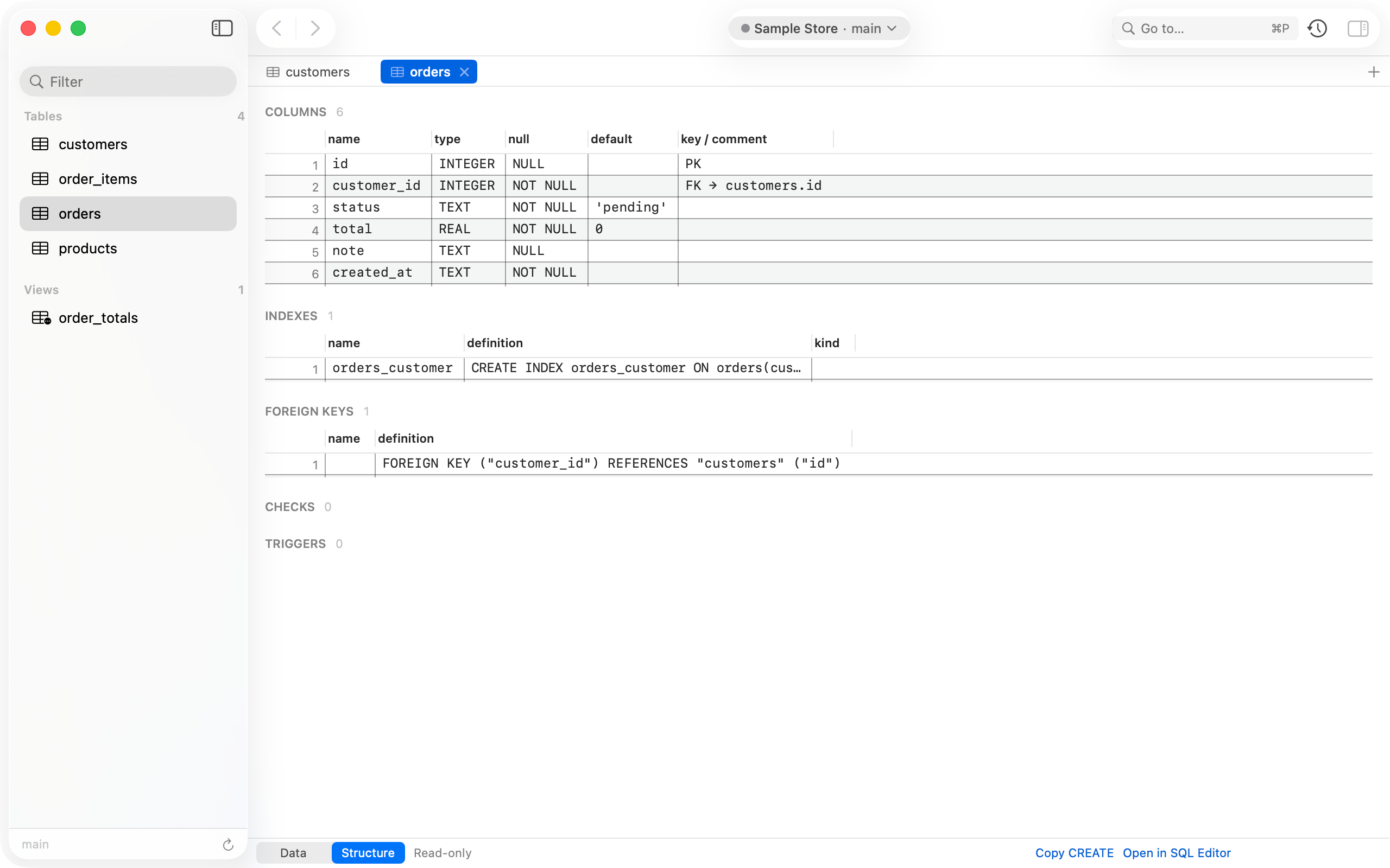 The Structure tab of the orders table: columns with types, nullability and defaults, an index and a foreign key to customers.