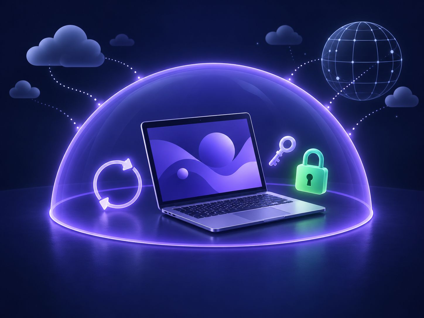 Illustration: a laptop under a glowing dome with a loop-back arrow, a key and a padlock inside; clouds and a globe outside, their dotted lines stopping at the dome.